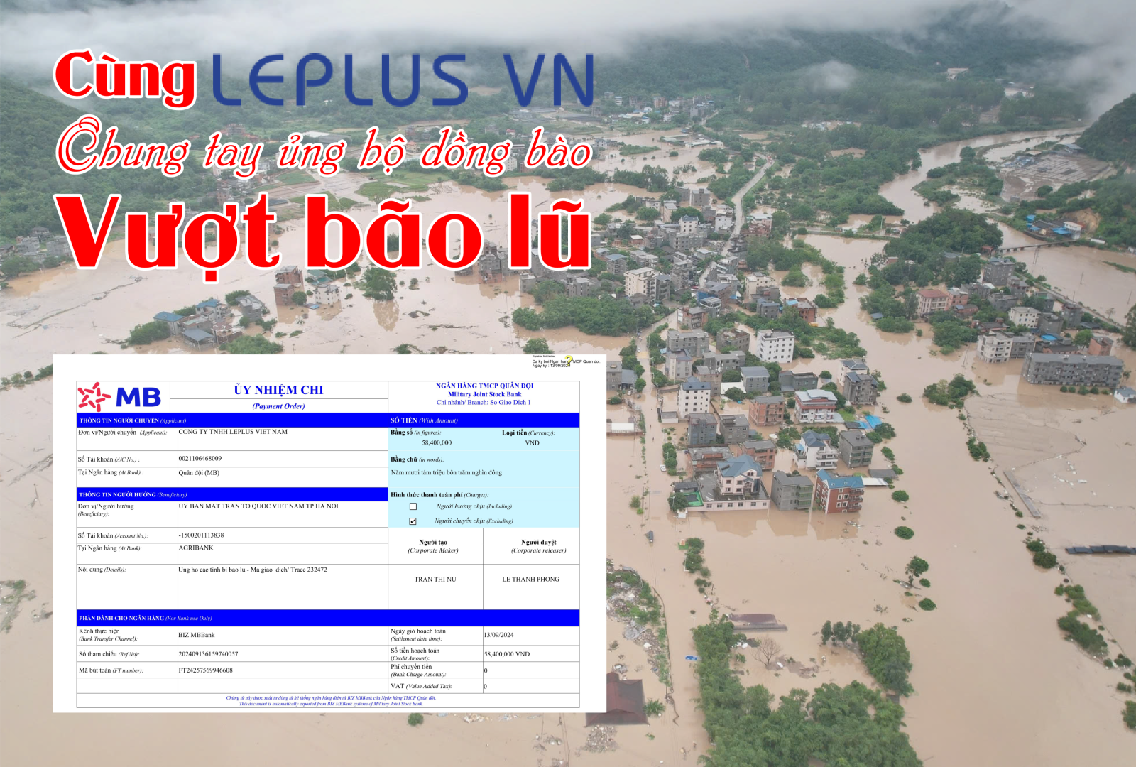 Tất cả số tiền được chuyển đến MTTQHN